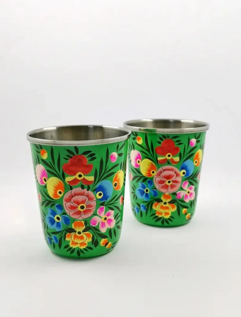 Oggettistica 39 Bicchiere 250ml smaltato con motivo floreale verde 10 – Artigianato indiano unico